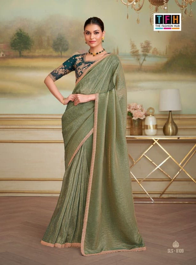 TFH SLS-8109 Olive Green Fancy Fabric Party Wear Saree