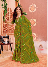 Ladorani Softy Green Printed Saree with Designer Border - 8 Pcs Set