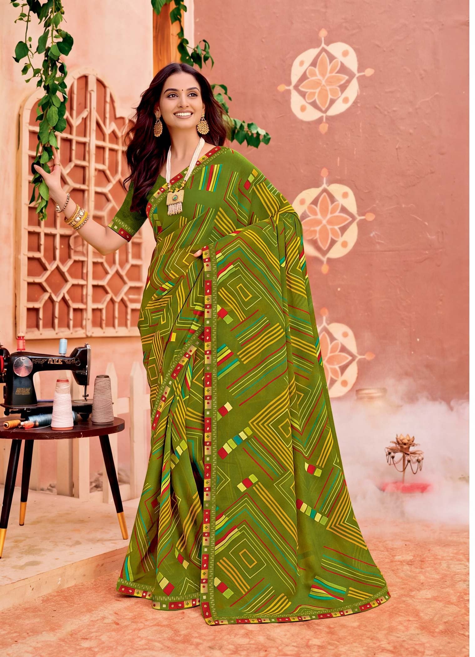 Ladorani Softy Green Printed Saree with Designer Border - 8 Pcs Set