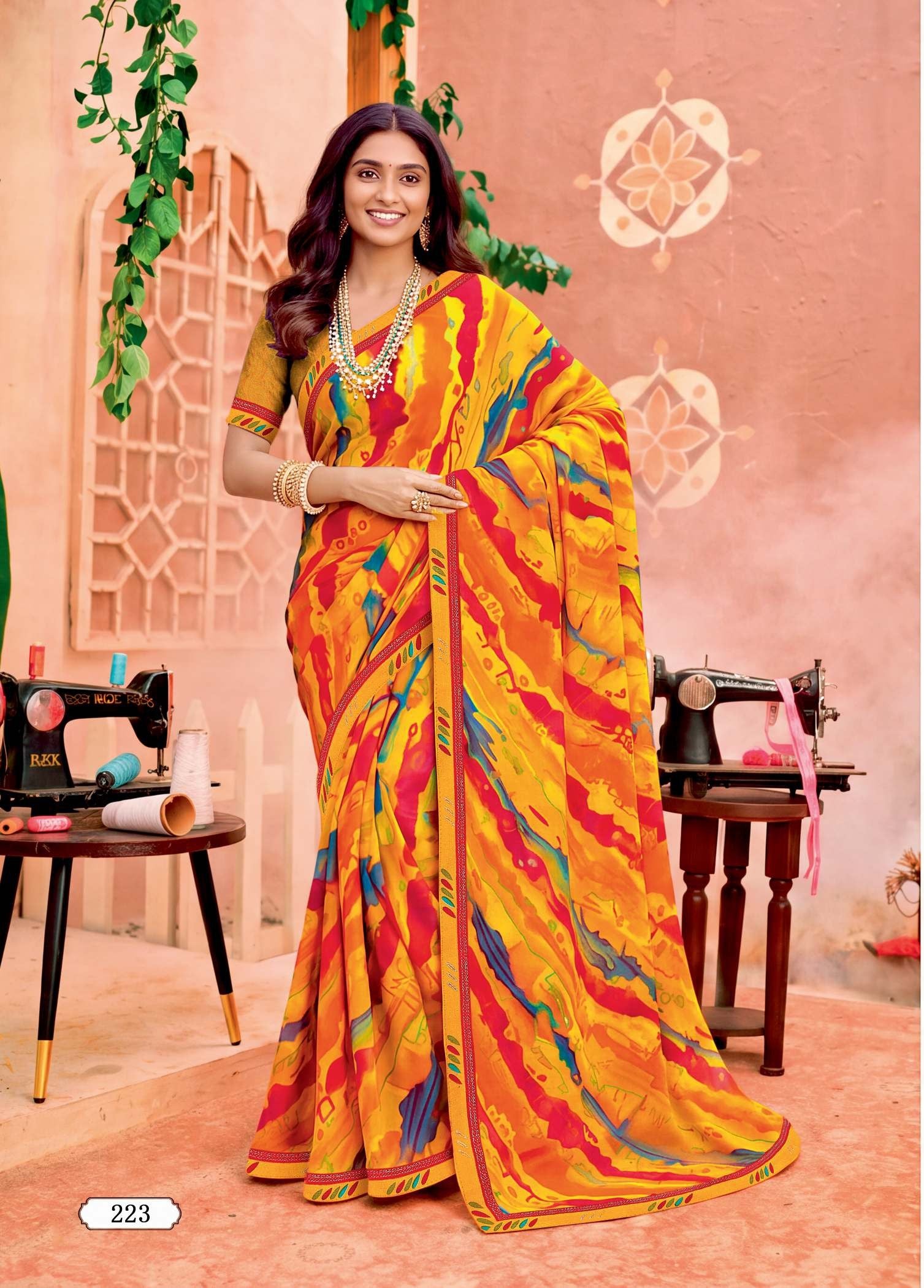 Ladorani Softy Green Printed Saree with Designer Border - 8 Pcs Set