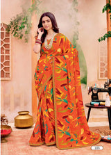 Ladorani Softy Green Printed Saree with Designer Border - 8 Pcs Set