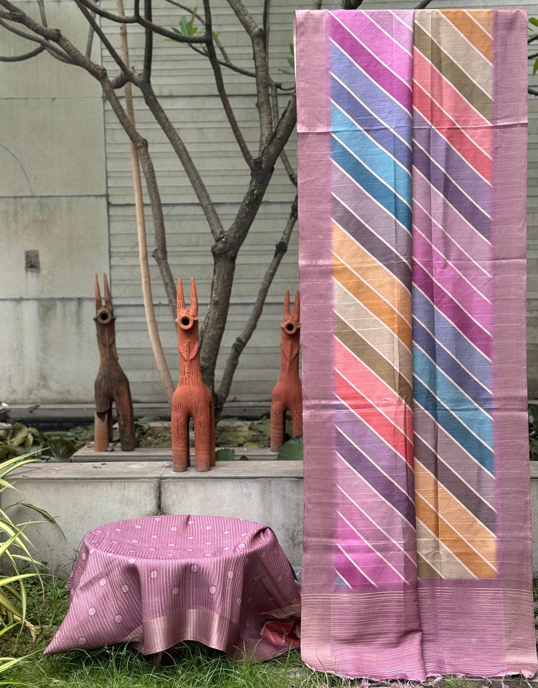 Sambhavya Silk Pure Tussar Silk Feel Printed Saree With Satin Weave Jari Border & Handloom Pallu - Designer Saree With Blouse 4 Pcs Set - M.R. Saree Emporium