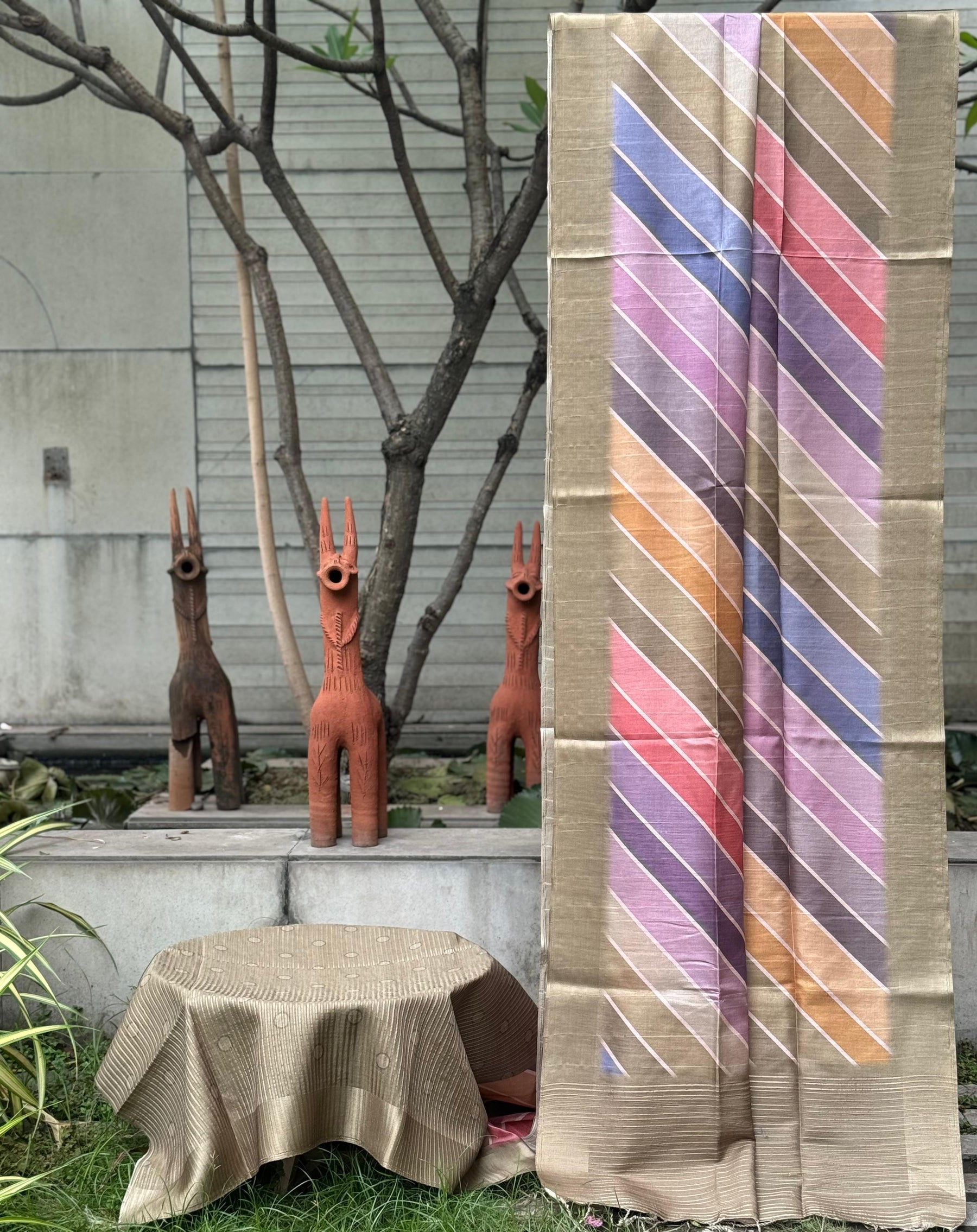 Sambhavya Silk-03 Pure Tussar Silk Feel Printed Saree with Satin Weave Jari Border & Handloom Pallu – Single Piece -M.R. Saree Emporium