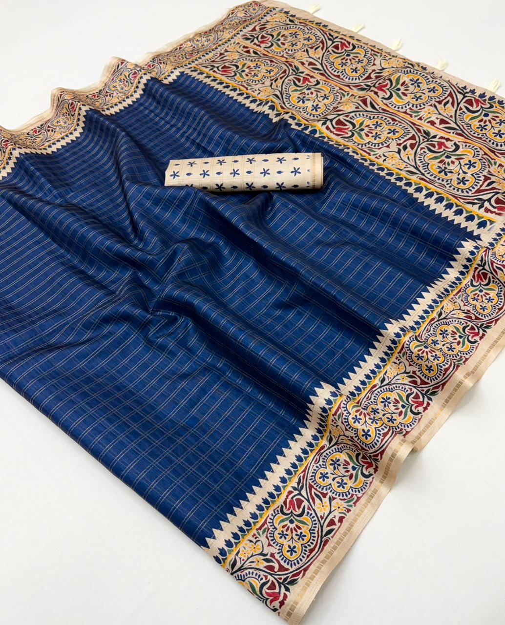 Charvi Tusser Silk Saree for Women - Bentex Border & Zari Checks Designer Saree (Single Piece Available) - M.R. Saree Emporium