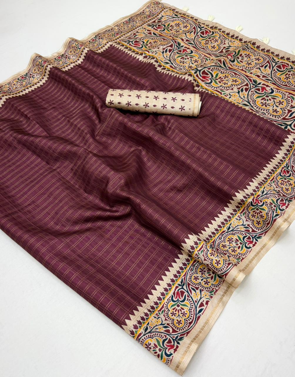 Charvi Tusser Silk Saree for Women - Bentex Border & Zari Checks Designer Saree (Single Piece Available) - M.R. Saree Emporium