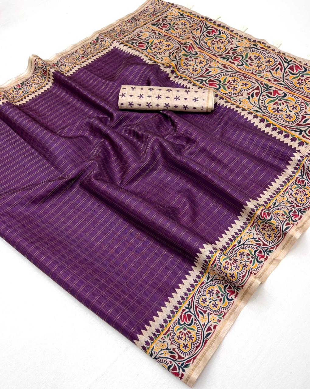 Charvi Tusser Silk Saree for Women - Bentex Border & Zari Checks Designer Saree (Single Piece Available) - M.R. Saree Emporium