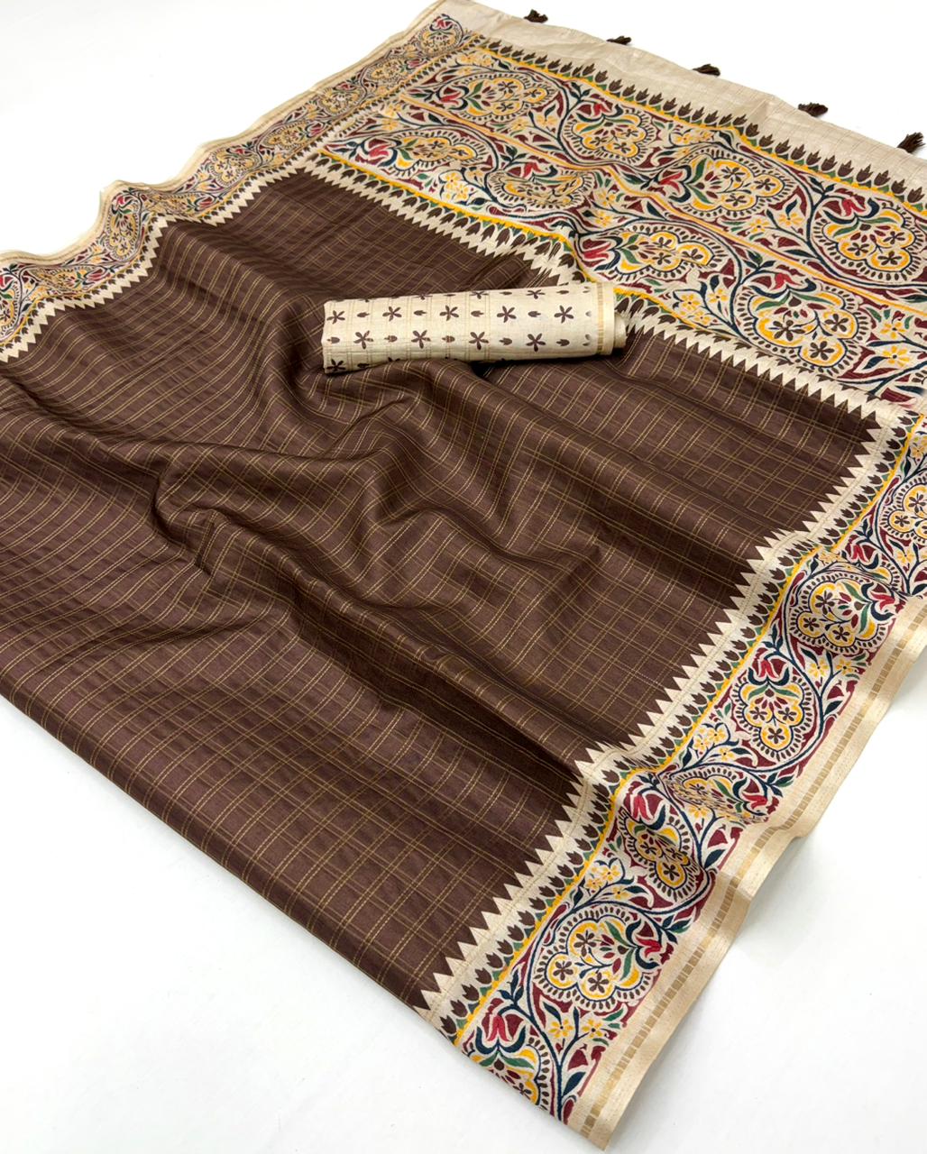 Charvi Tusser Silk Saree for Women - Bentex Border & Zari Checks Designer Saree (Single Piece Available) - M.R. Saree Emporium