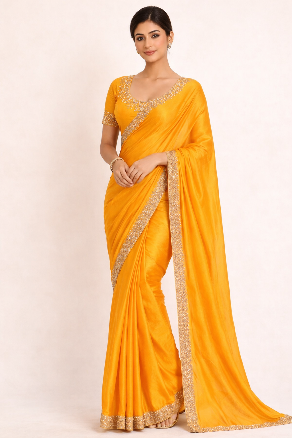 Fancy Satin Saree with Elegant Lace Border – 3 Pcs Set -Party & Festive Wear -M.R. Saree Emporium