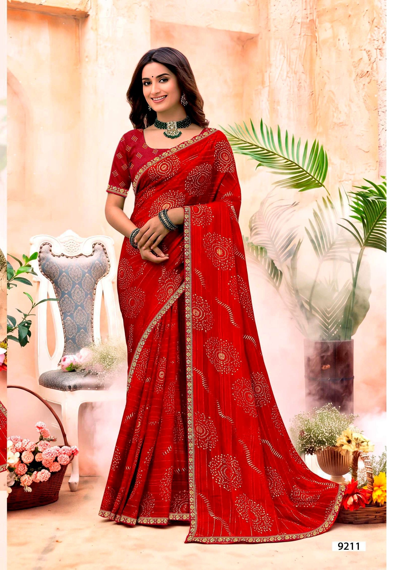Shagun Bandhani Print Saree with Designer Border - 8 Pcs Set