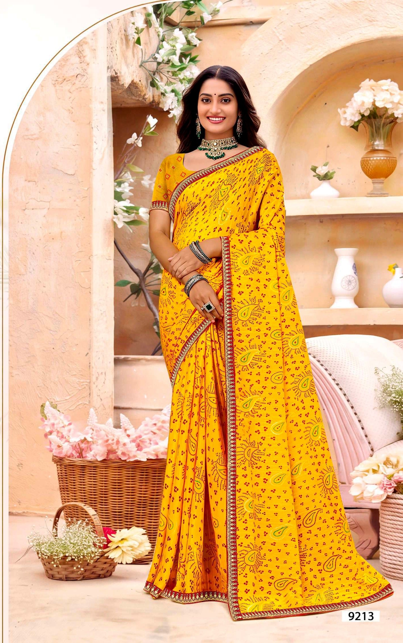Shagun Bandhani Print Saree with Designer Border - 8 Pcs Set