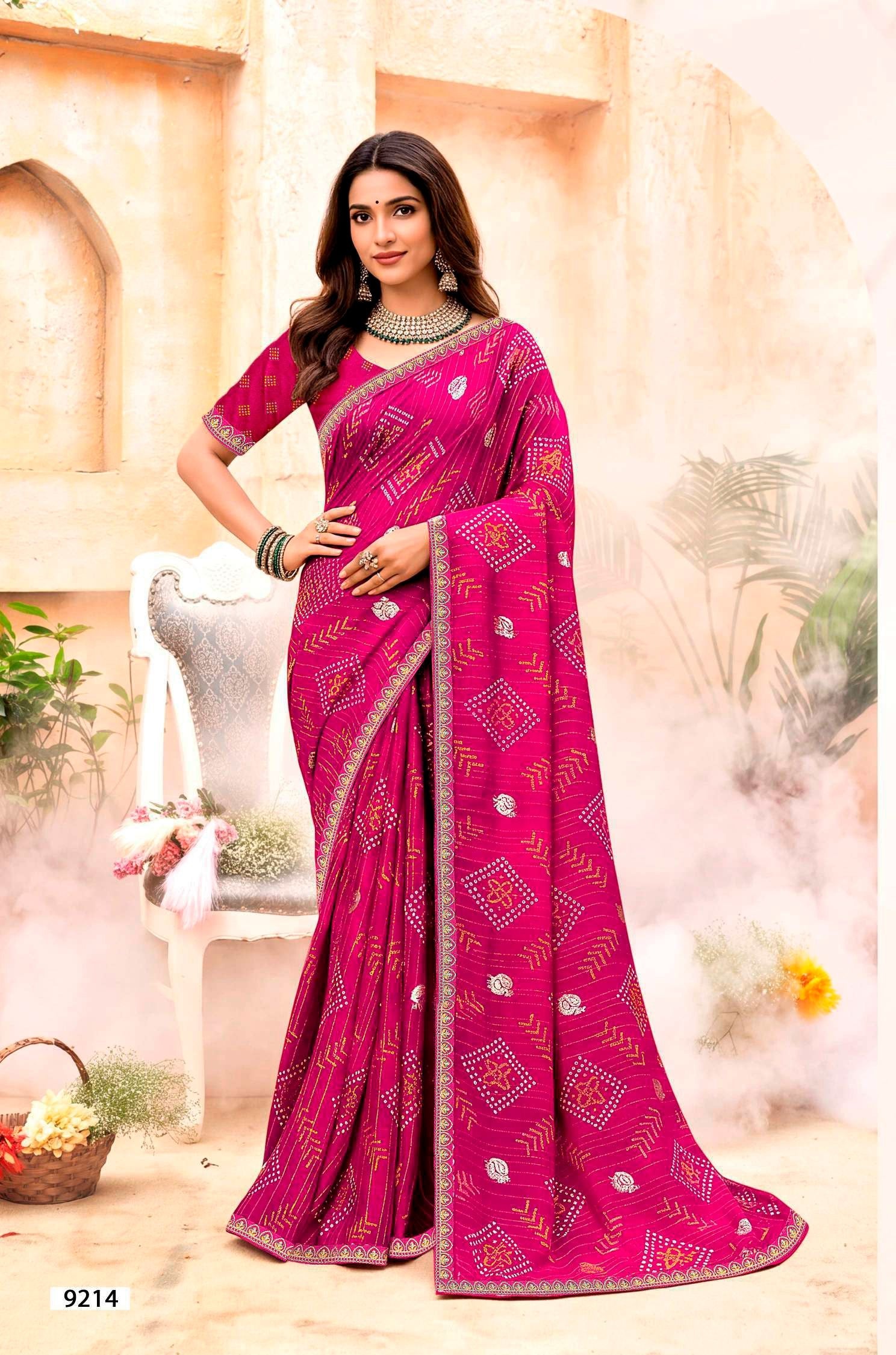 Shagun Bandhani Print Saree with Designer Border - 8 Pcs Set