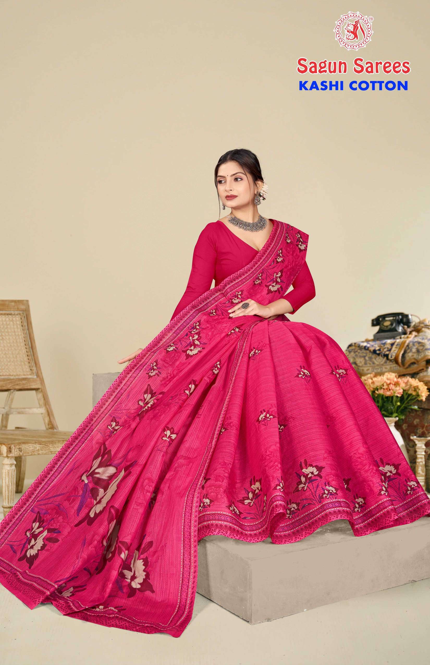Shagun Kashi Cotton Floral Print Soft Cotton Saree 8 Pcs Set – M.R. Saree Emporium