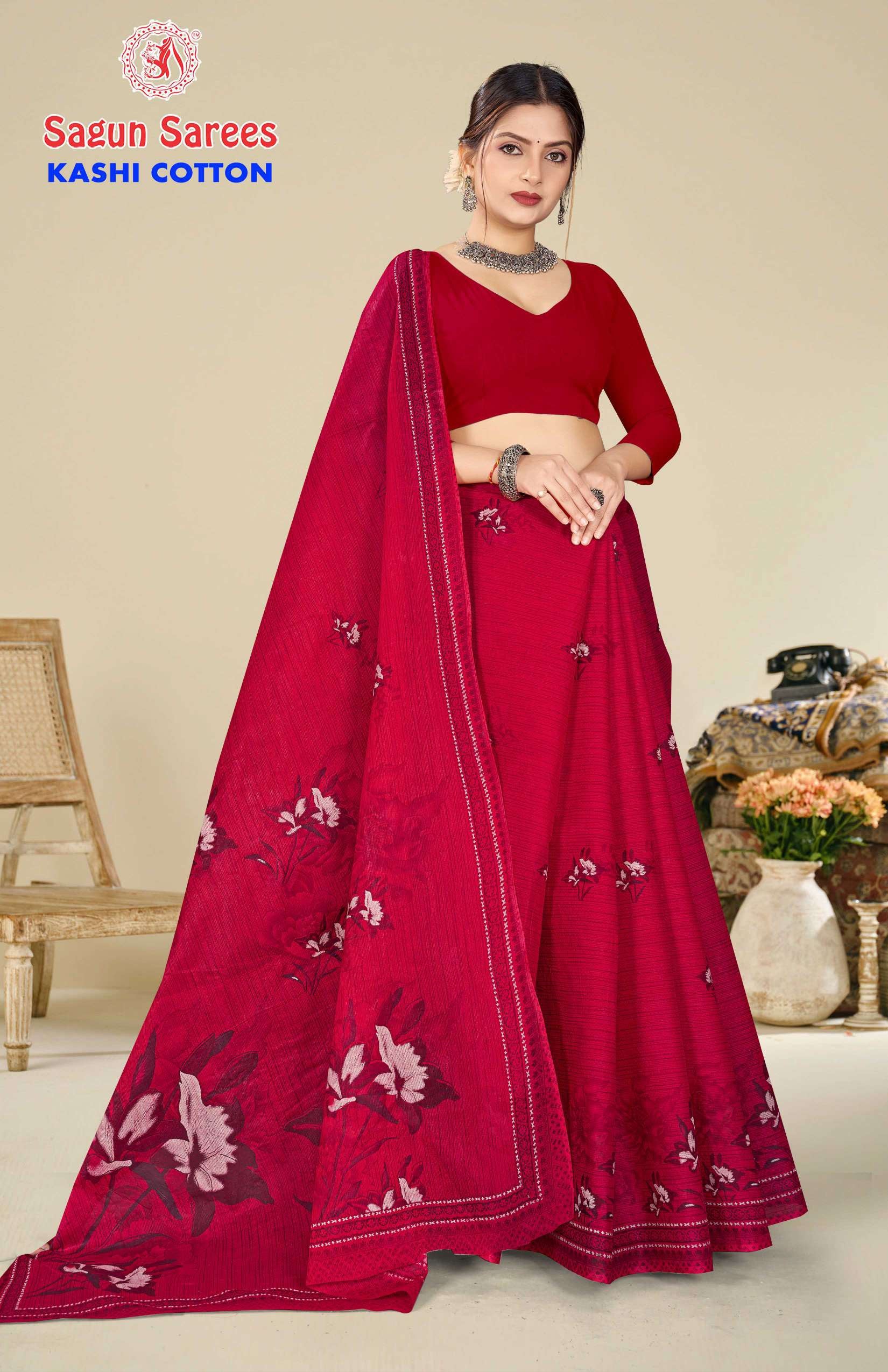 Shagun Kashi Cotton Floral Print Soft Cotton Saree 8 Pcs Set – M.R. Saree Emporium