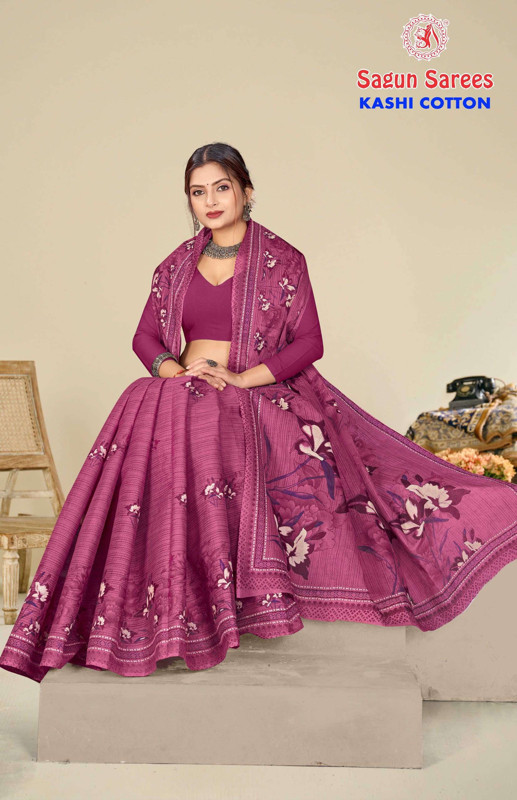 Shagun Kashi Cotton Floral Print Soft Cotton Saree 8 Pcs Set – M.R. Saree Emporium