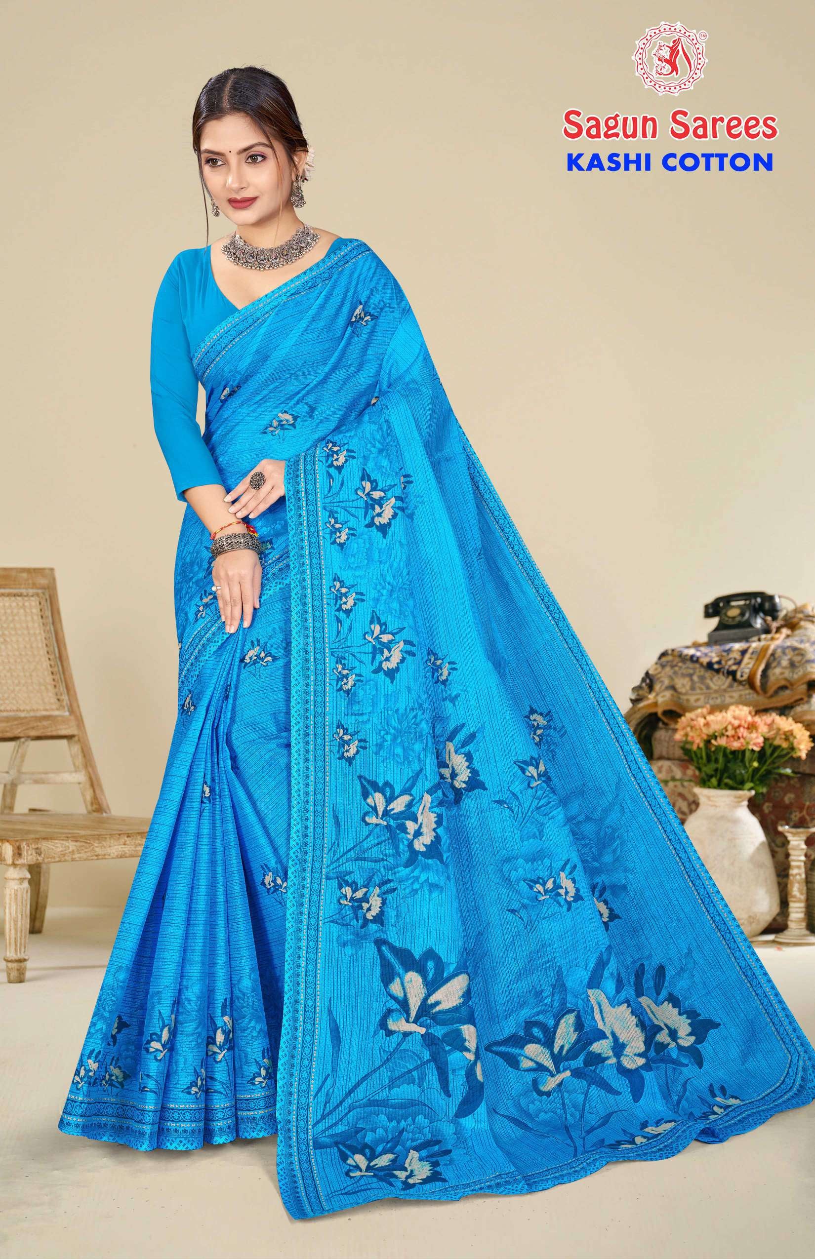 Shagun Kashi Cotton Floral Print Soft Cotton Saree 8 Pcs Set – M.R. Saree Emporium