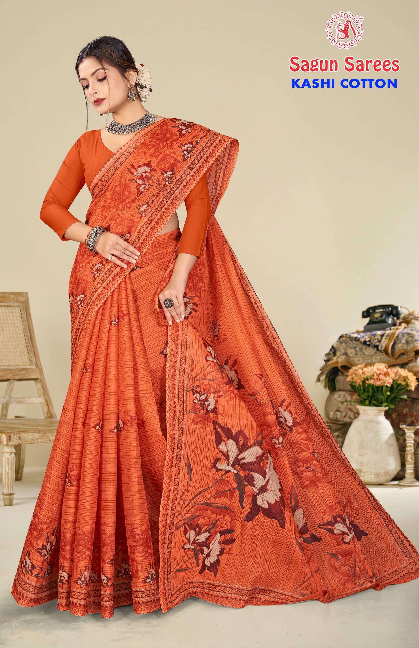 Shagun Kashi Cotton Floral Print Soft Cotton Saree 8 Pcs Set – M.R. Saree Emporium