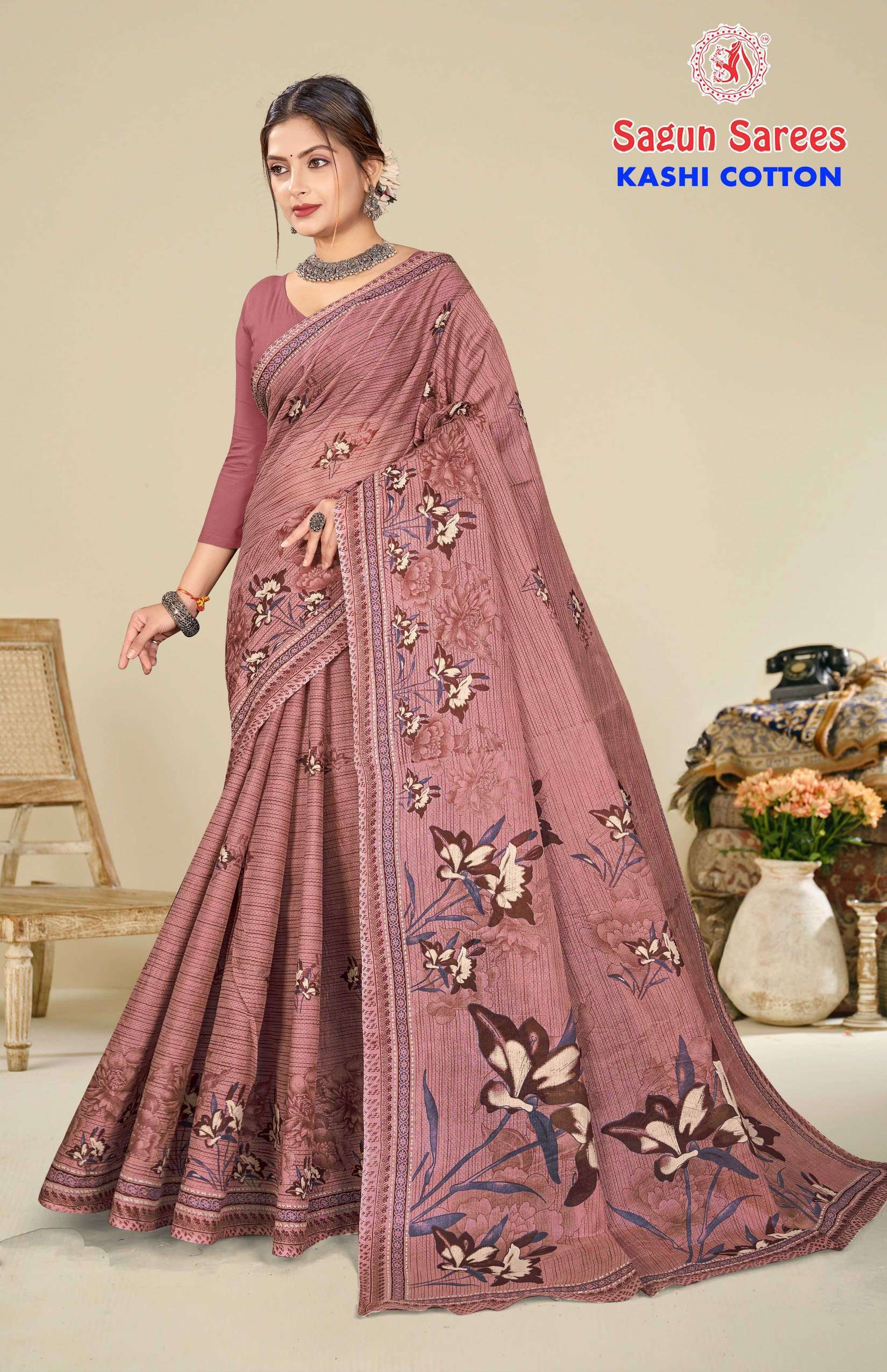 Shagun Kashi Cotton Floral Print Soft Cotton Saree 8 Pcs Set – M.R. Saree Emporium