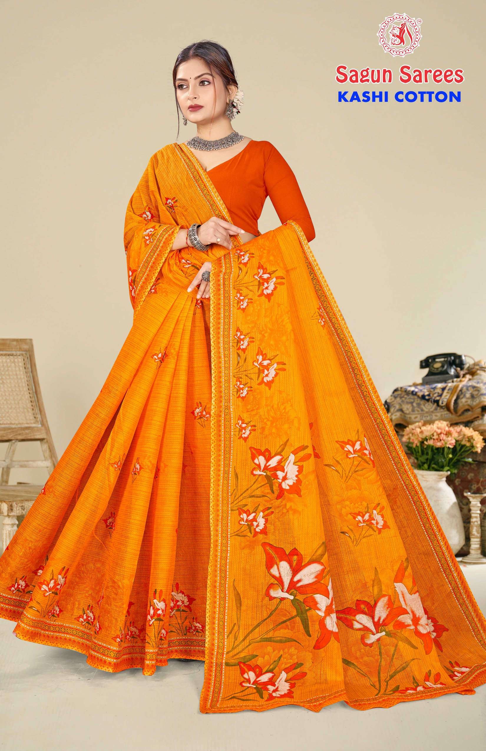 Shagun Kashi Cotton Floral Print Soft Cotton Saree 8 Pcs Set – M.R. Saree Emporium