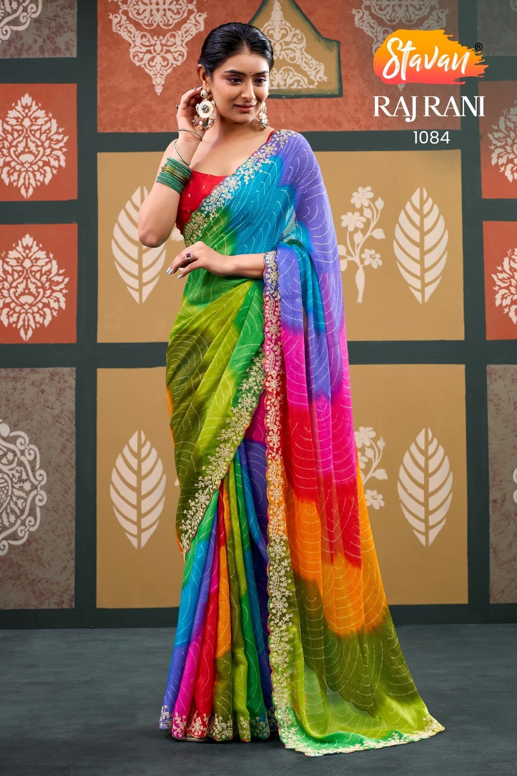 STAVAN RajRani Sparkal Chiffon Embroidered Saree - 6 Pcs Set
