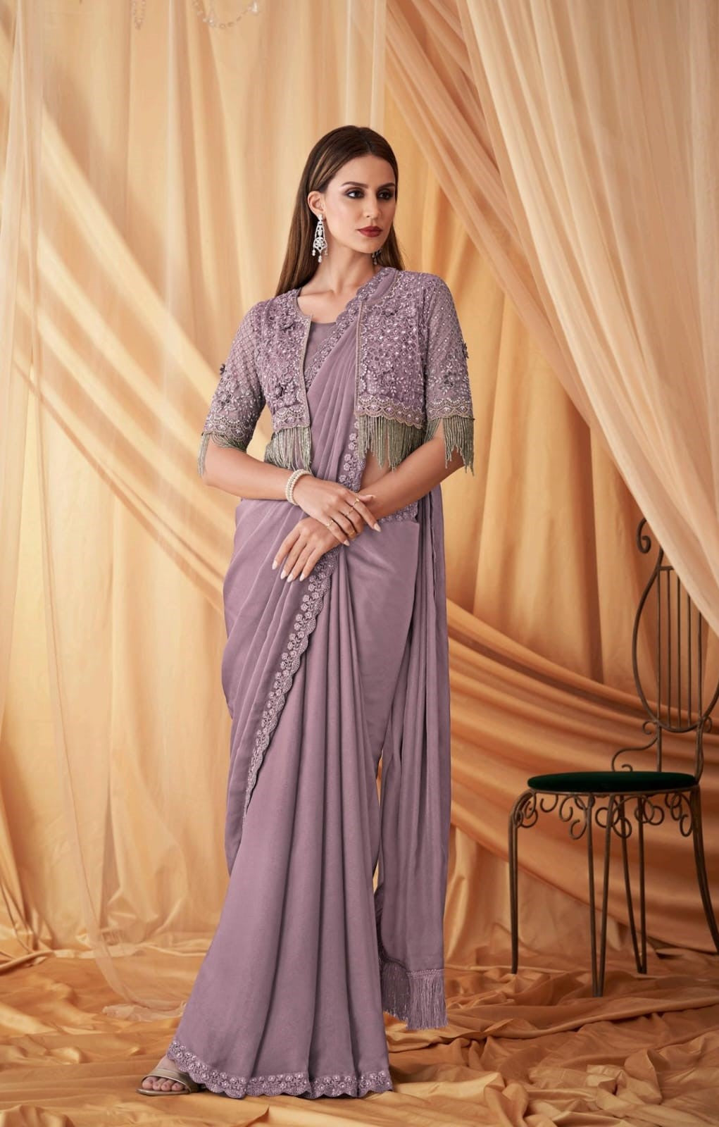Sparkling Satin Georgette Unstitched Work Jacket with Inner - Women's Ethnic Set