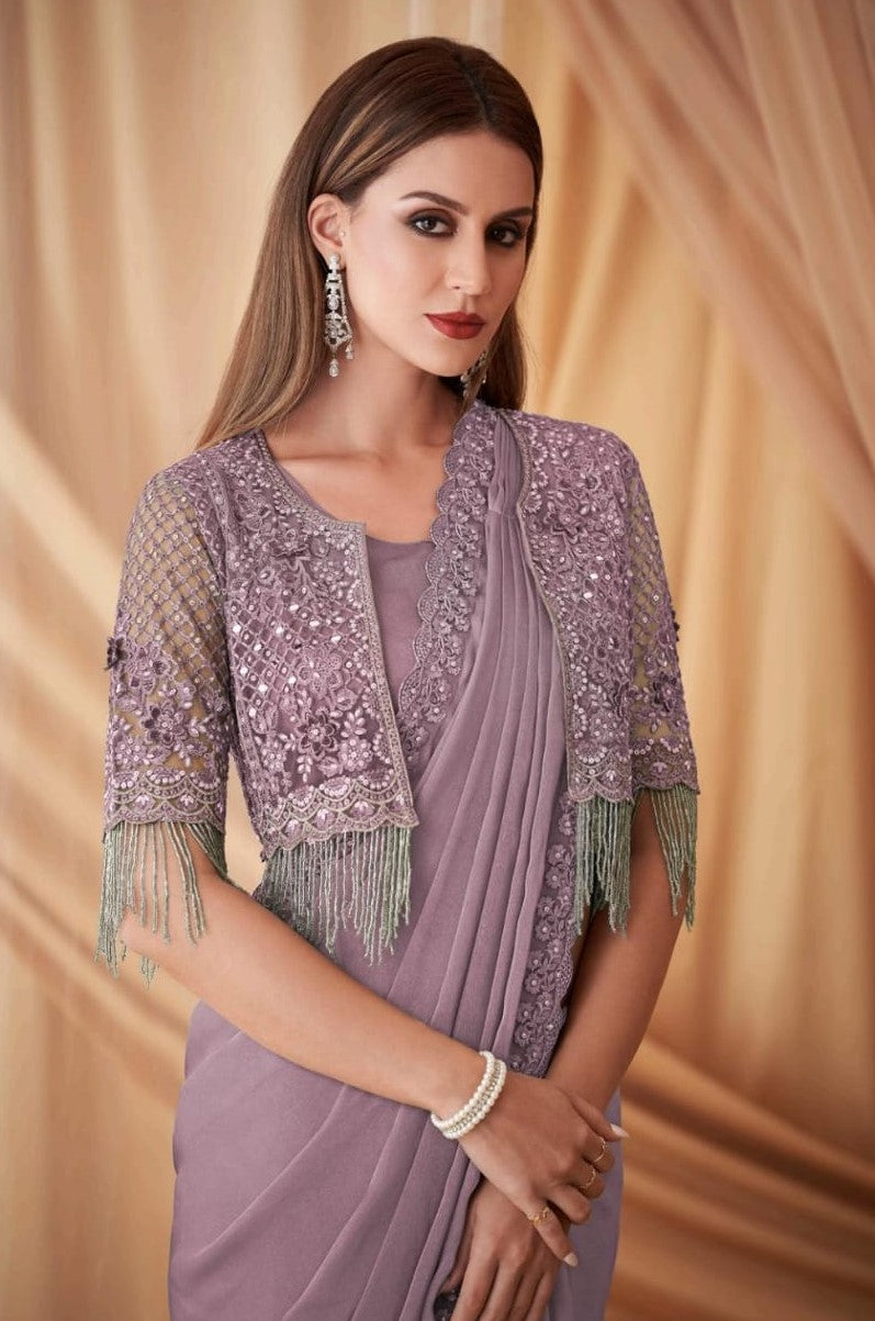 Sparkling Satin Georgette Unstitched Work Jacket with Inner - Women's Ethnic Set