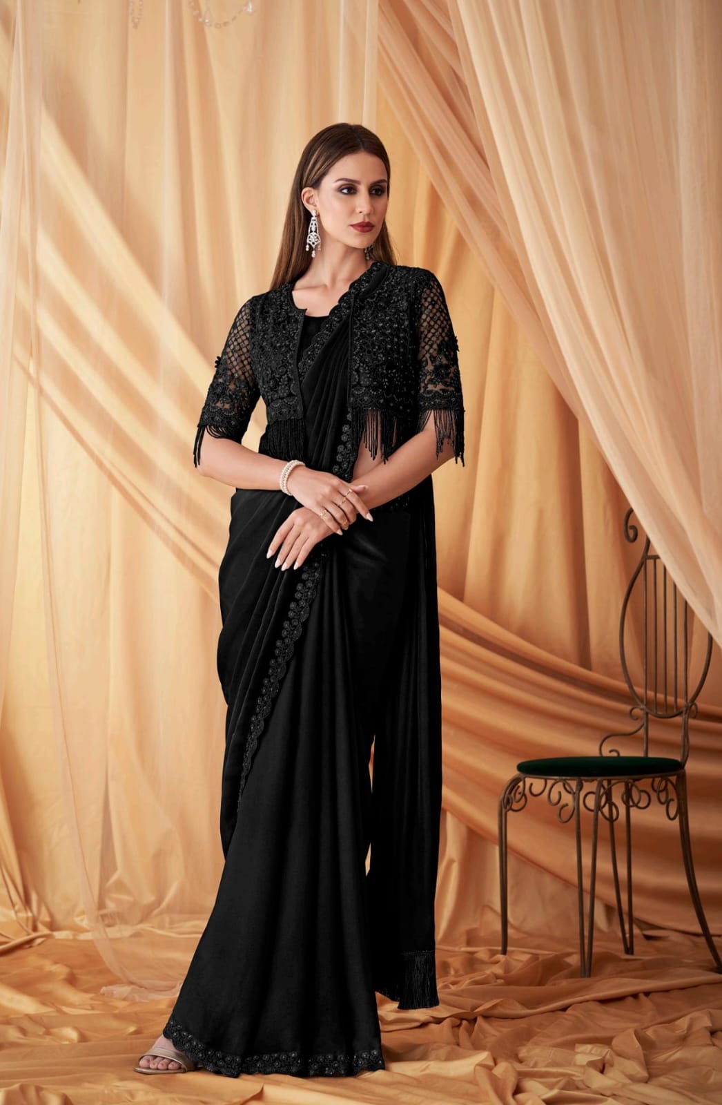 Sparkling Satin Georgette Unstitched Work Jacket with Inner - Women's Ethnic Set