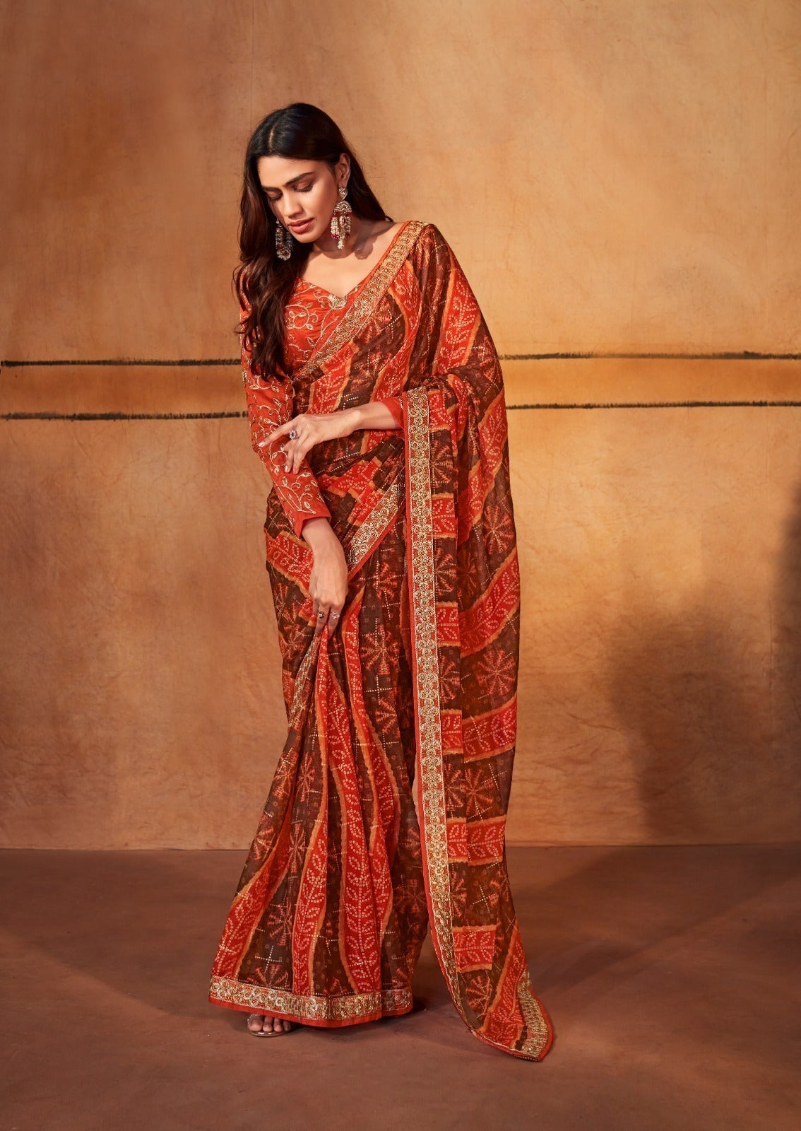 Stavan Gerua Pure Chiffon Saree with Embroidery Border & Designer Blouse (2 Pcs Set) – M.R. Saree Emporium