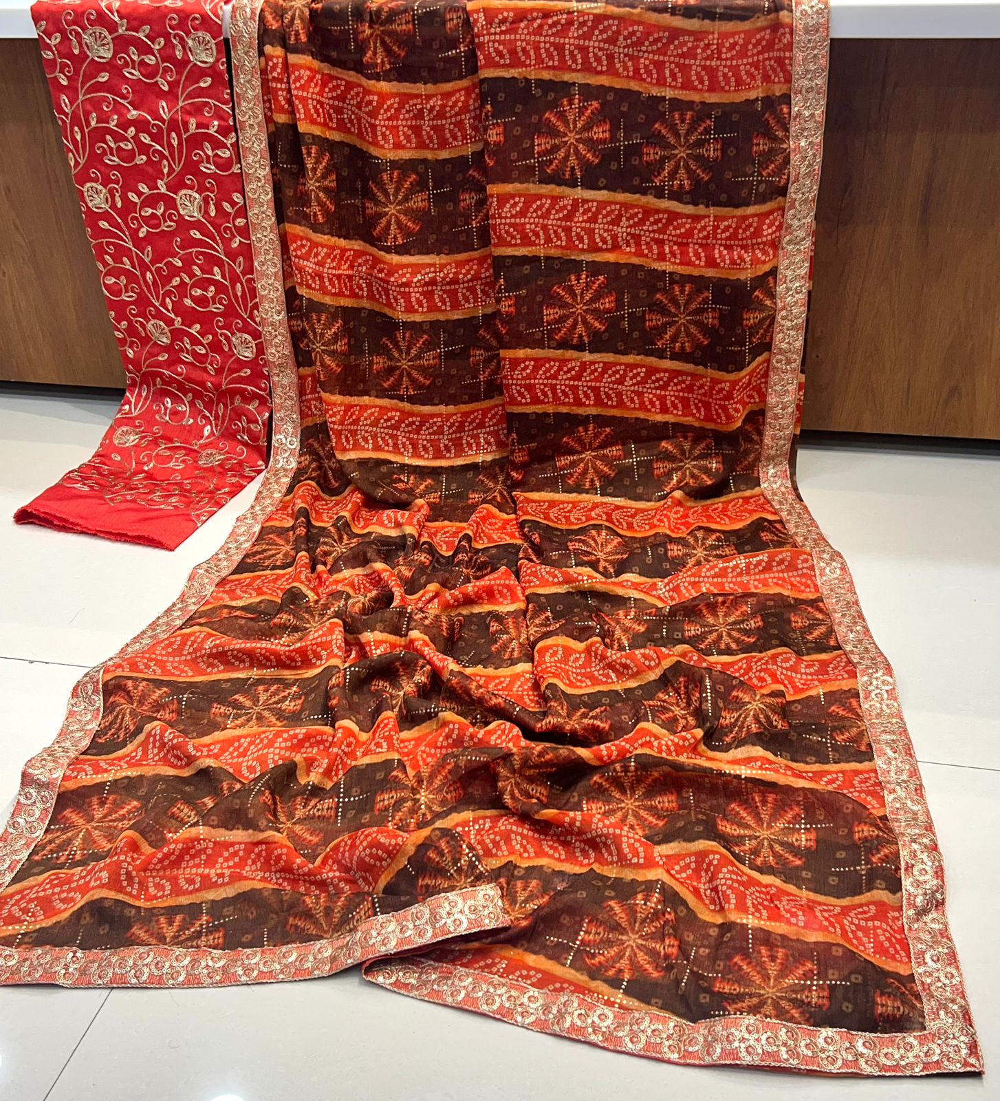 Stavan Gerua Pure Chiffon Saree with Embroidery Border & Designer Blouse (2 Pcs Set) – M.R. Saree Emporium