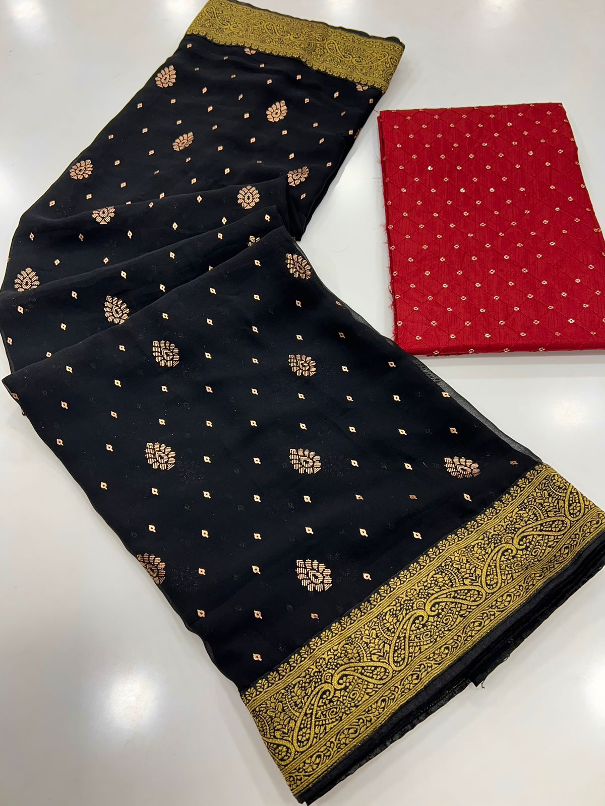 Stavan Dhwani Heavy Georgette Banarasi Foil Print Saree 2 Hit Colors Set - M.R. Saree Emporium