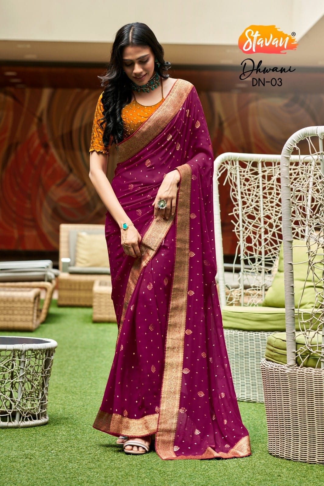 Stavan Dhwani Heavy Georgette Banarasi Foil Print Saree 2 Hit Colors Set - M.R. Saree Emporium