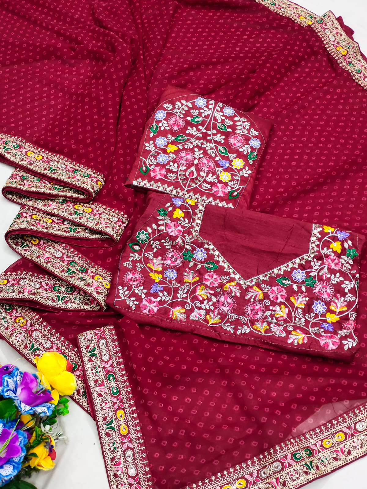 Stavan Raghumala Heavy Georgette Saree with Fancy Lace & Heavy Embroidery Blouse – M.R. Saree Emporium