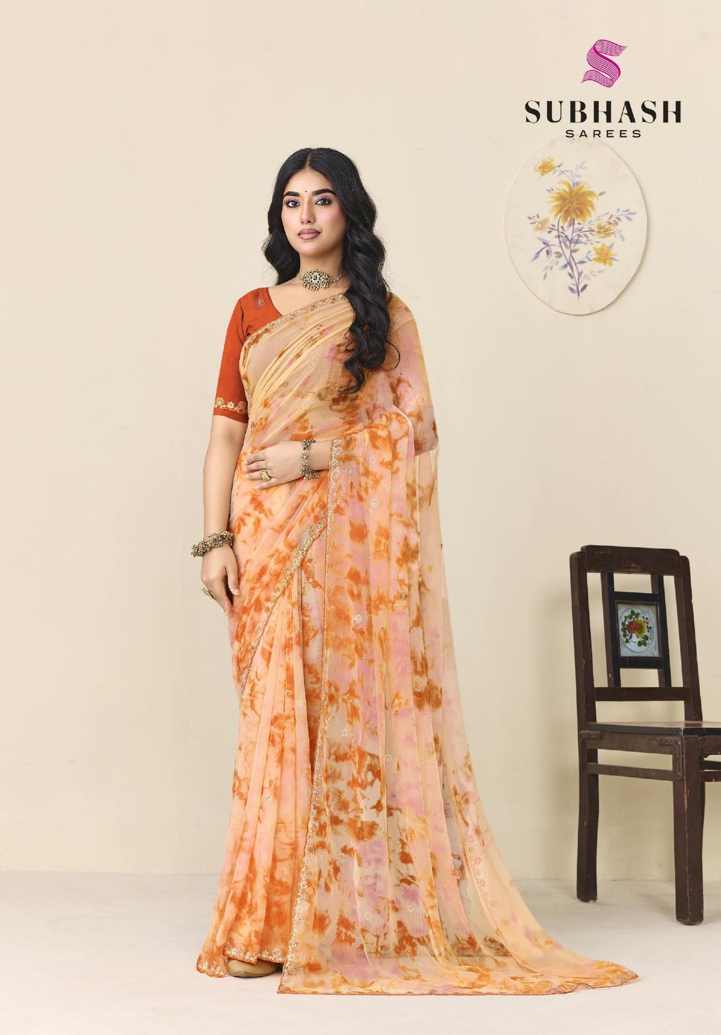 Subhash Ghazal Georgette Printed Saree with Embroidery Border - 4 Pcs Set