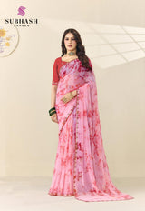 Subhash Ghazal Georgette Printed Saree with Embroidery Border - 4 Pcs Set