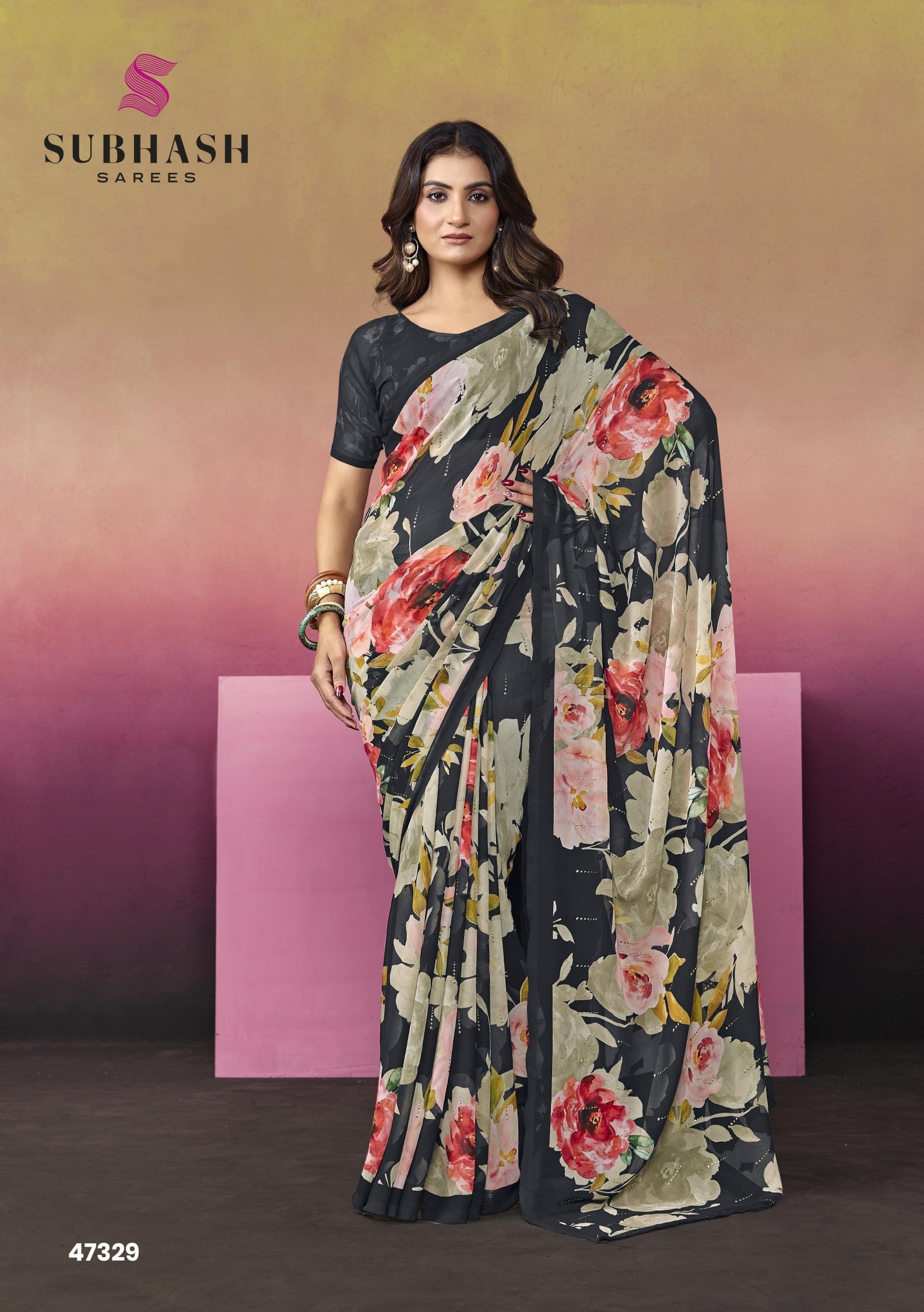 Subhash Ketaki-2 Premium Georgette Floral Printed Saree - 14 PCS Set