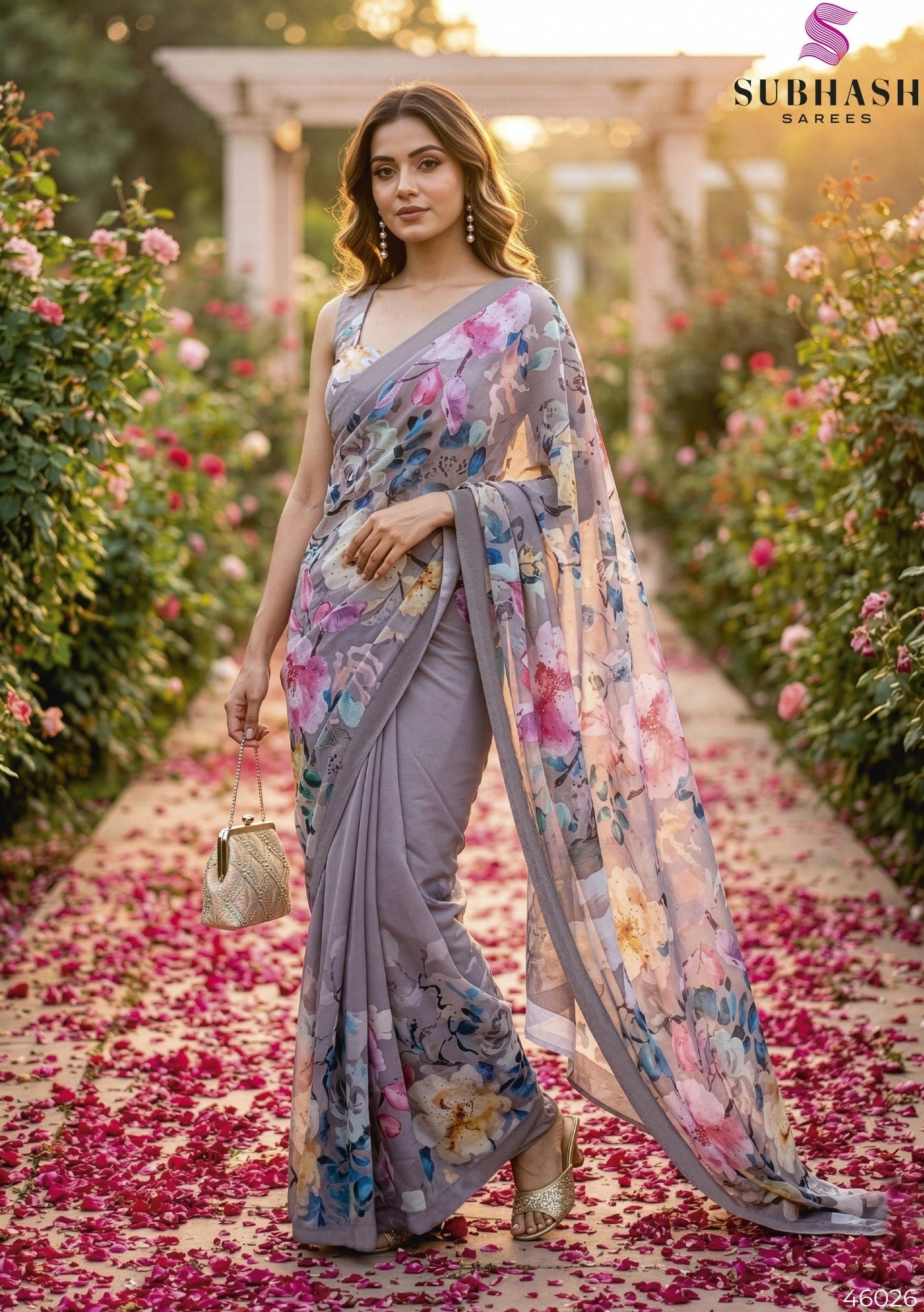 Subhash Ketaki Floral Printed Georgette Saree with Swarovski Work - 10 Pcs Set