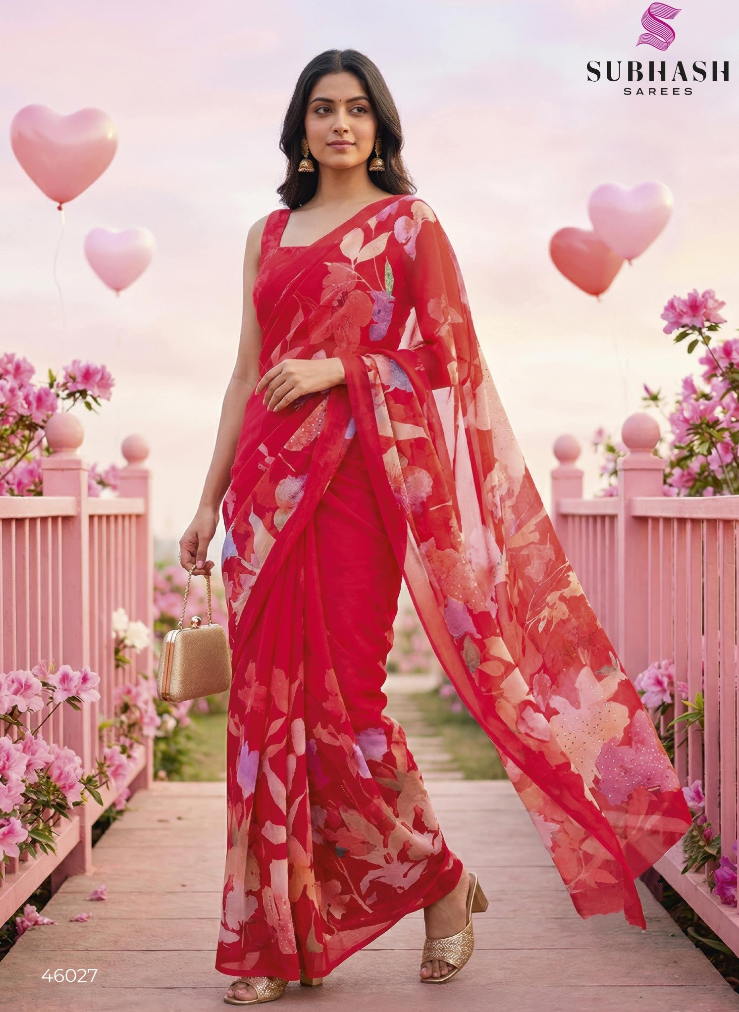 Subhash Ketaki Floral Printed Georgette Saree with Swarovski Work - 10 Pcs Set
