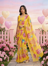 Subhash Ketaki Floral Printed Georgette Saree with Swarovski Work - 10 Pcs Set
