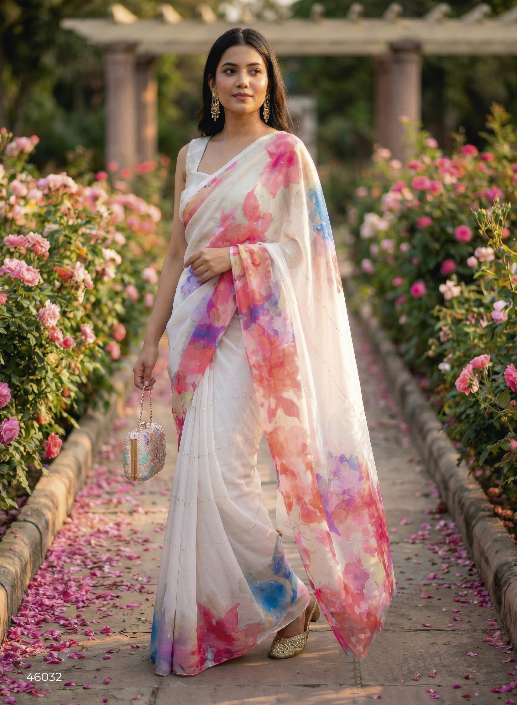 Subhash Ketaki Floral Printed Georgette Saree with Swarovski Work - 10 Pcs Set