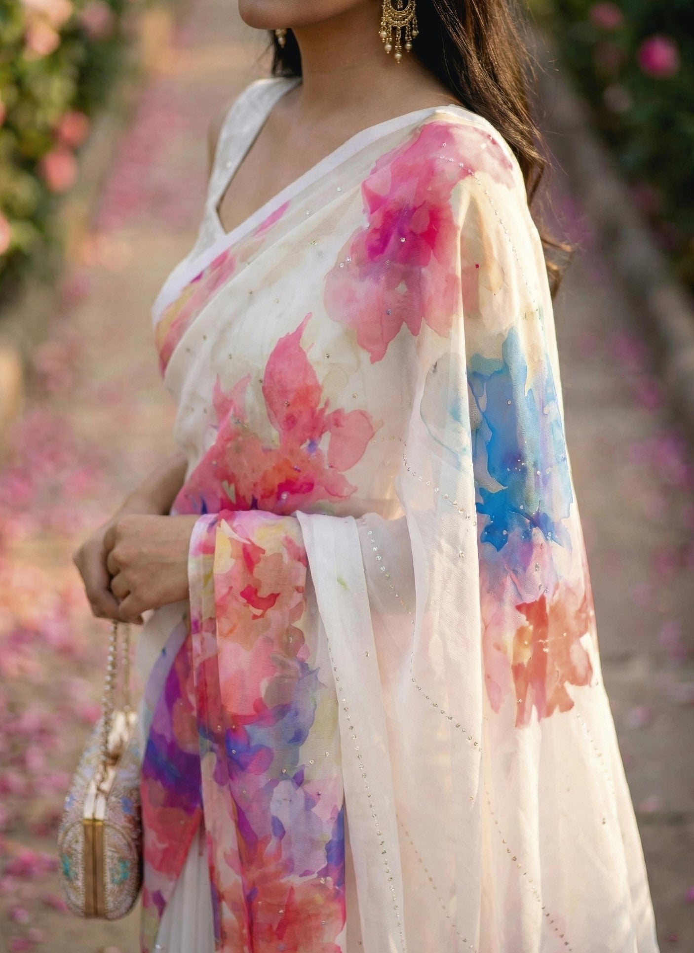 Subhash Ketaki Floral Printed Georgette Saree with Swarovski Work - 10 Pcs Set
