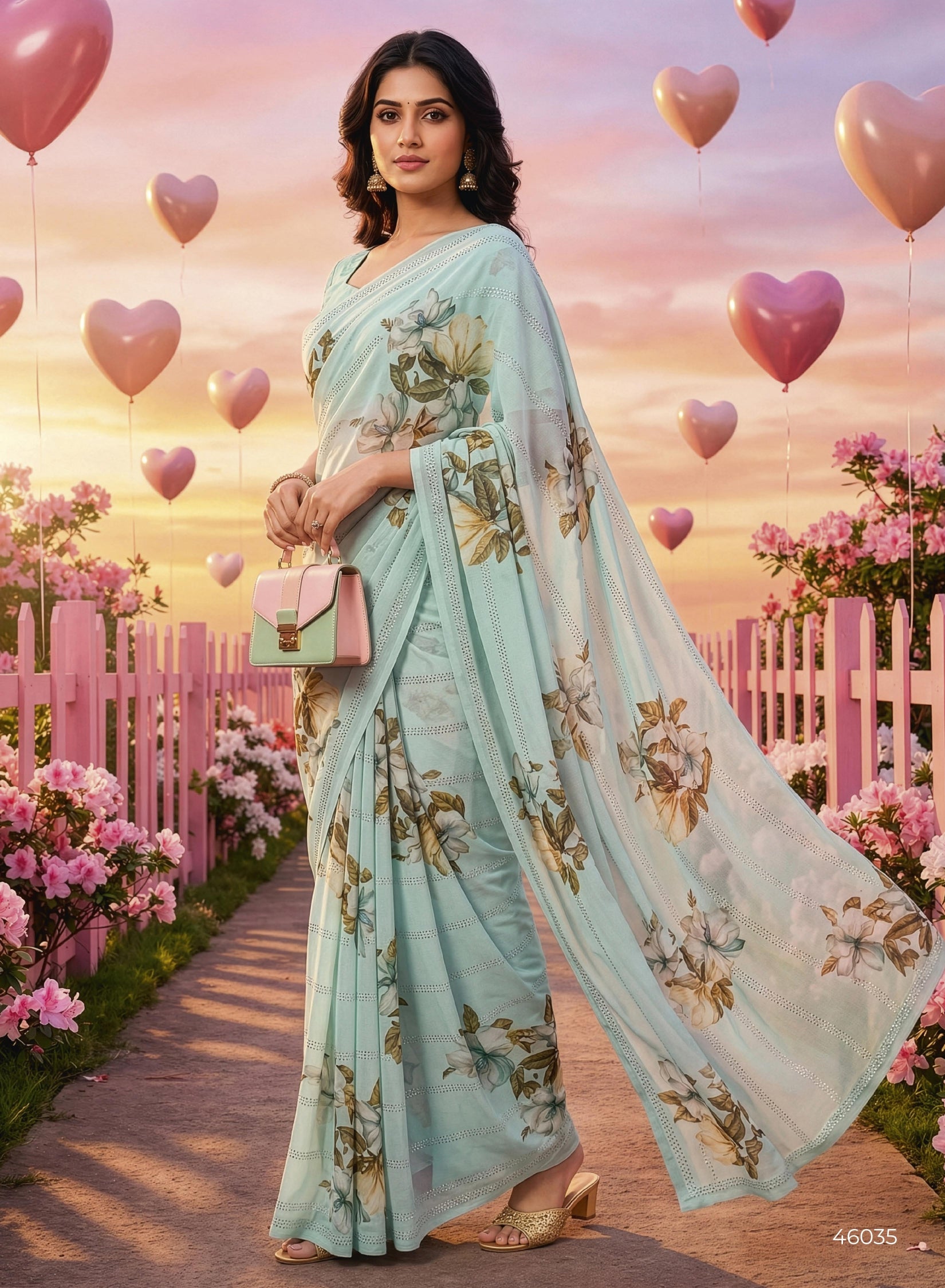 Subhash Ketaki Floral Printed Georgette Saree with Swarovski Work - 10 Pcs Set