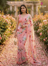 Subhash Ketaki Floral Printed Georgette Saree with Swarovski Work - 10 Pcs Set