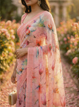 Subhash Ketaki Floral Printed Georgette Saree with Swarovski Work - 10 Pcs Set