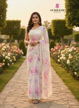 Subhash Ketaki Floral Printed Georgette Saree with Swarovski Work - 10 Pcs Set