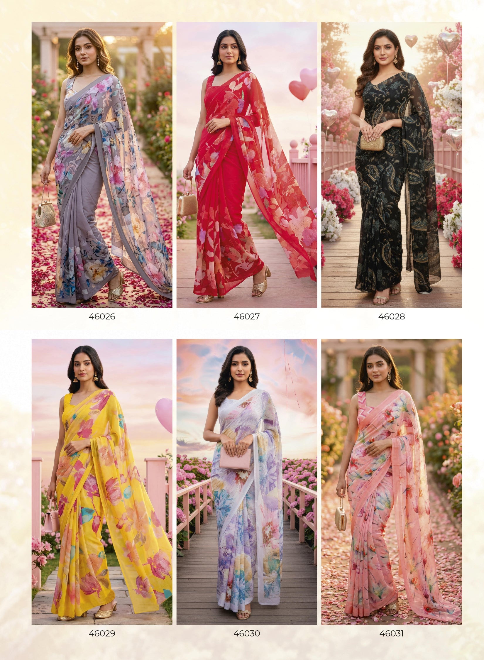 Subhash Ketaki Floral Printed Georgette Saree with Swarovski Work - 10 Pcs Set