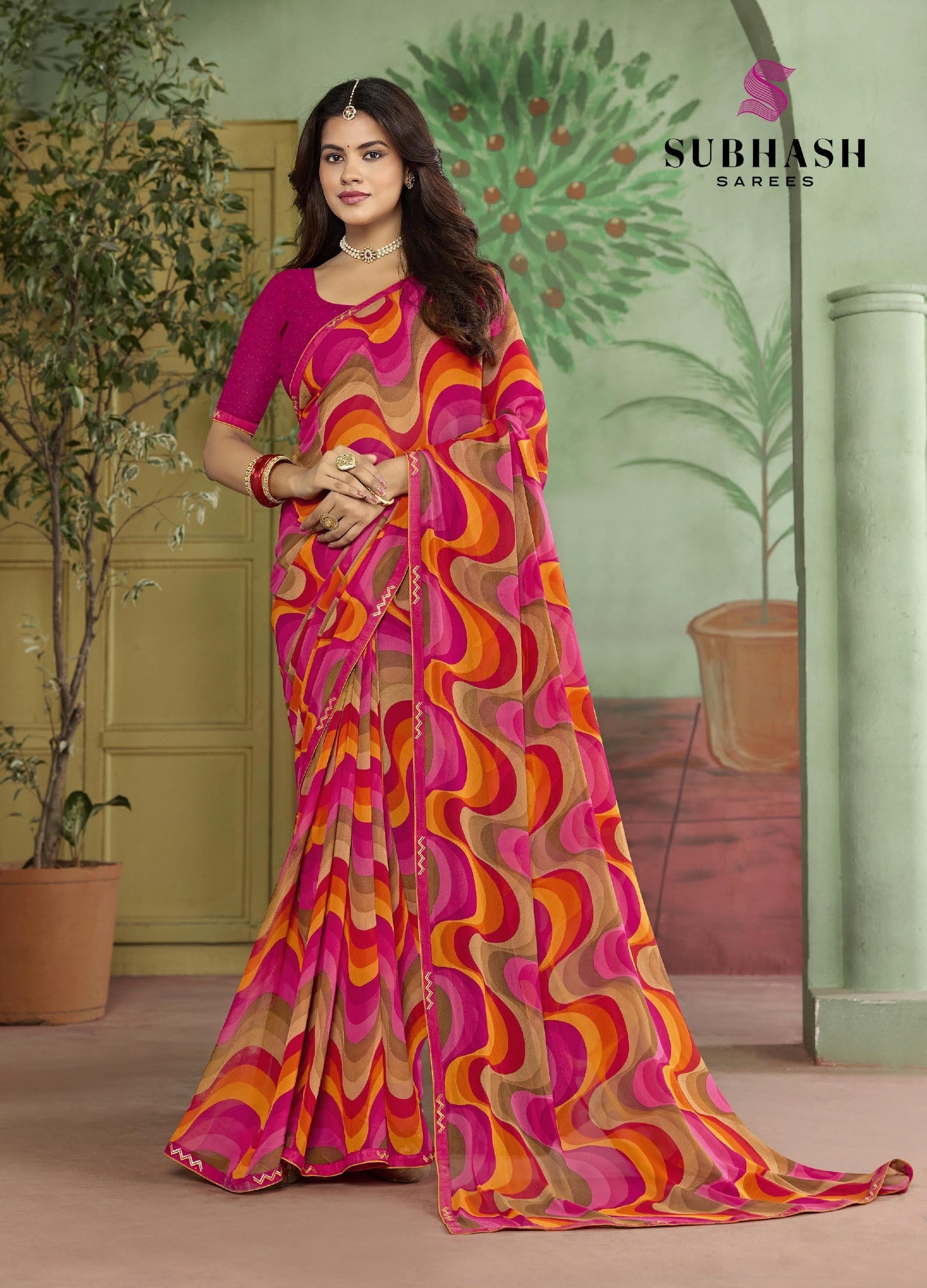 Subhash Riviera Fancy-10 Premium Georgette Printed Saree - 16 PCS Set