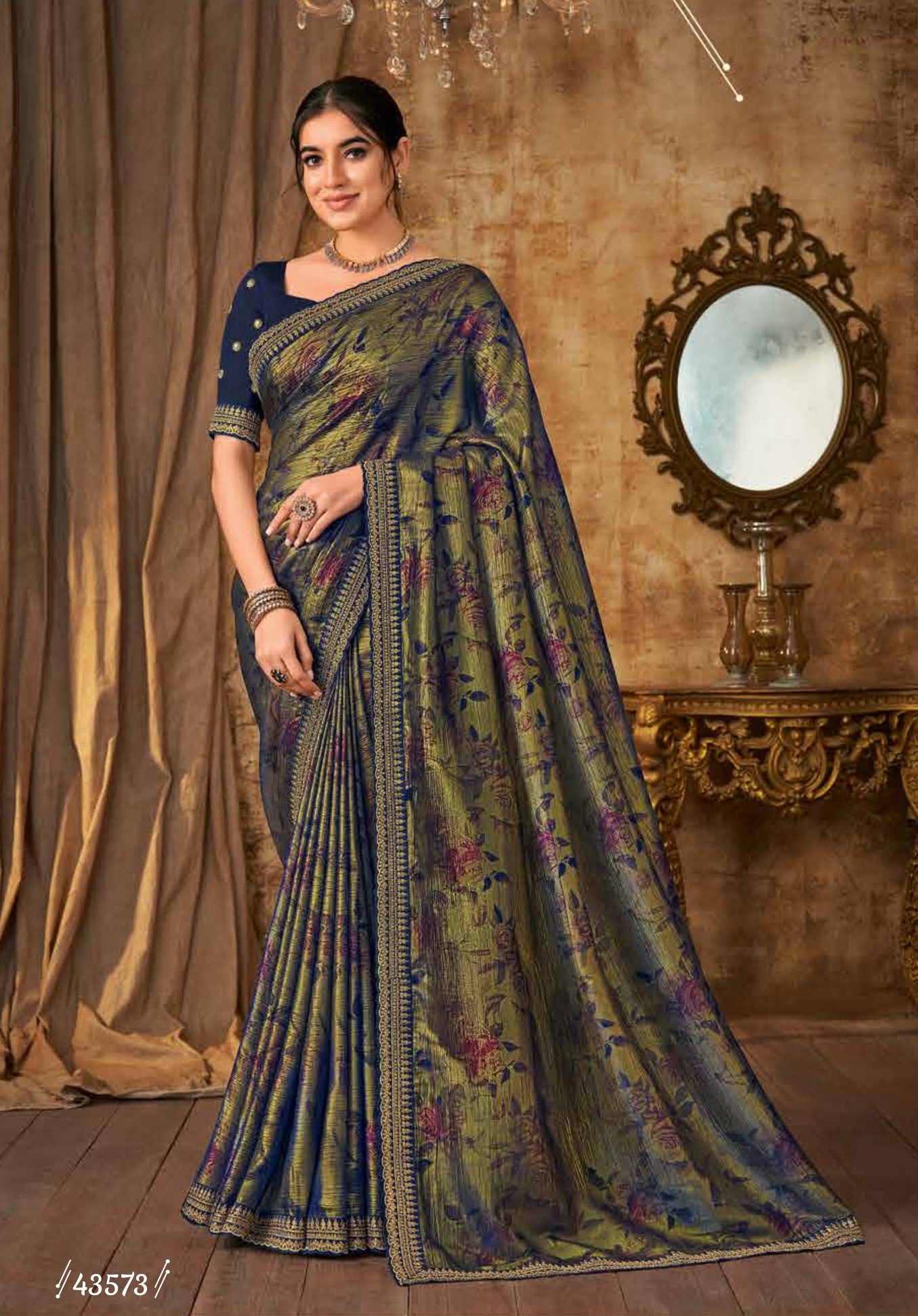 Subhash Sarena Saree 43573 Green Navy Blue Silk Saree With Zari Border Online – M.R. Saree Emporium