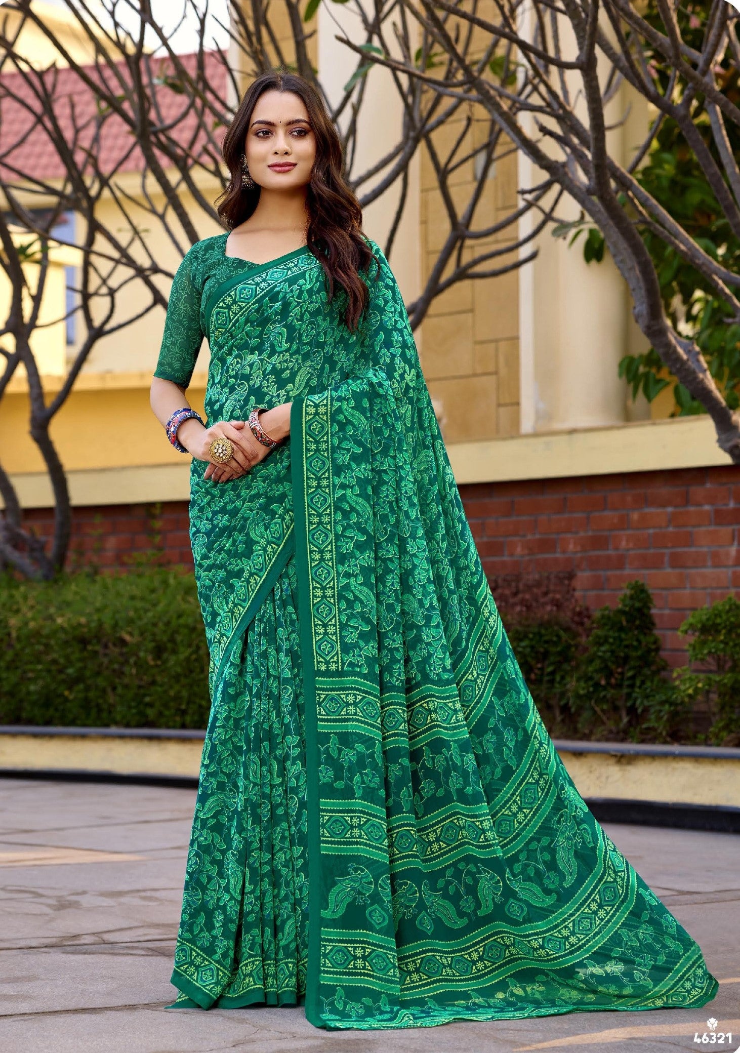 Subhash Homemaker-19 D.No.46321 Soft Georgette Traditional Printed Saree – Bottle Green – Single Piece by M.R. Saree Emporium