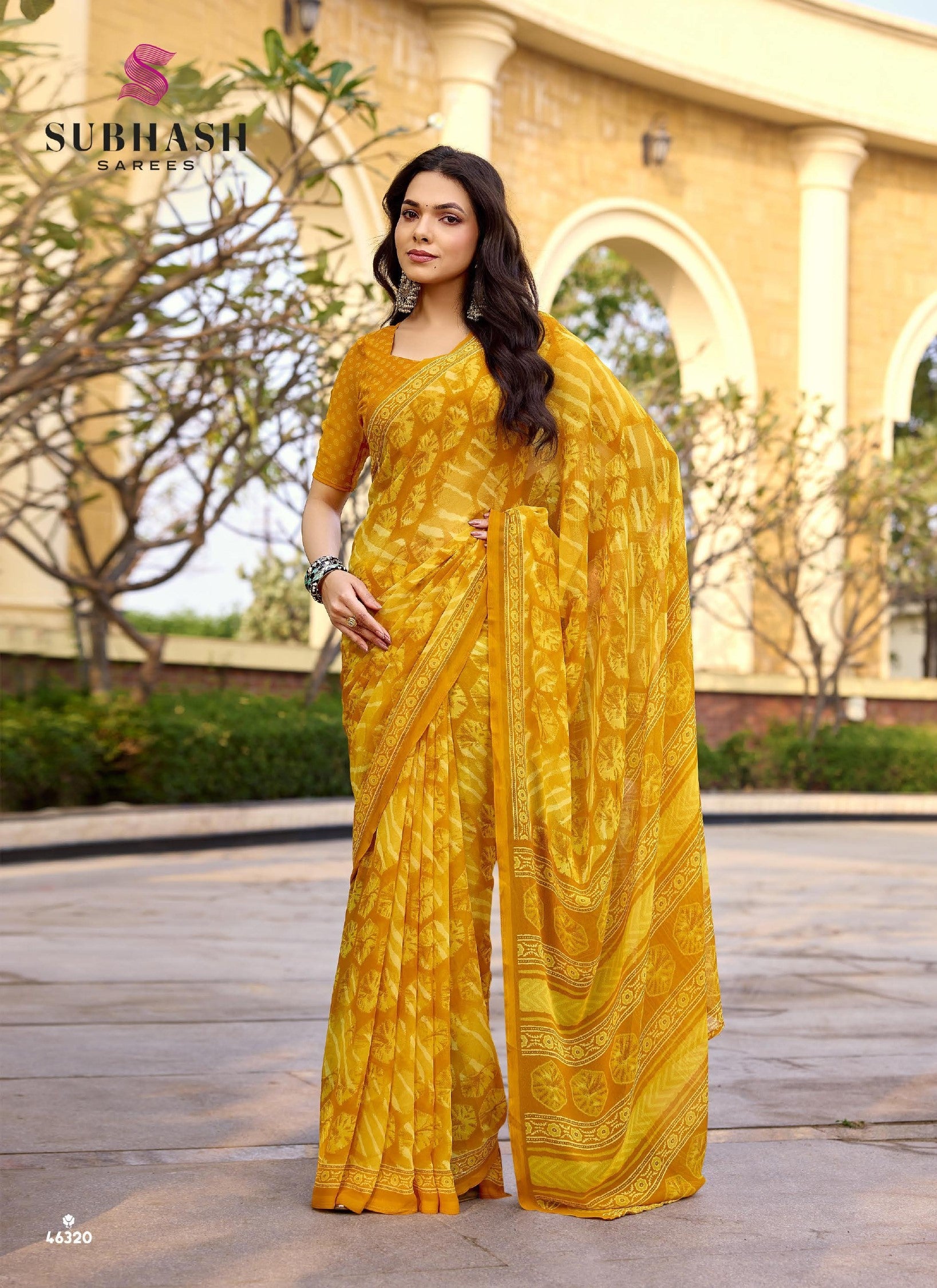 Subhash Homemaker-19 D.No.46320 Soft Georgette Traditional Printed Saree – Mustard Yellow – Single Piece by M.R. Saree Emporium