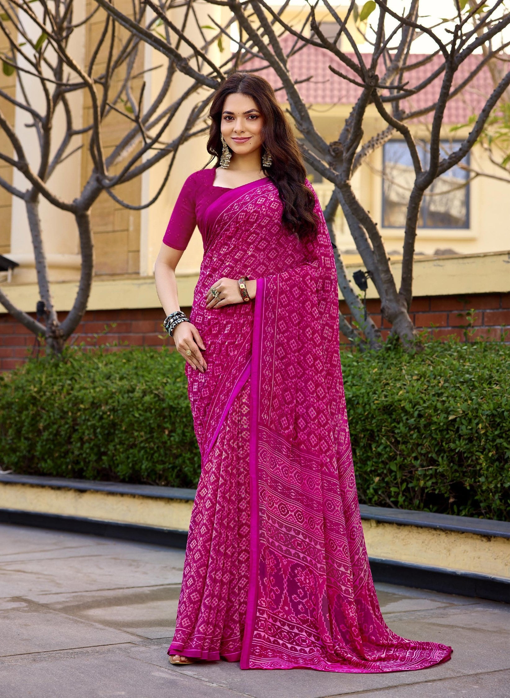 Subhash Homemaker-19 D.No.46322 Soft Georgette Traditional Printed Saree – Rani Pink – Single Piece by M.R. Saree Emporium