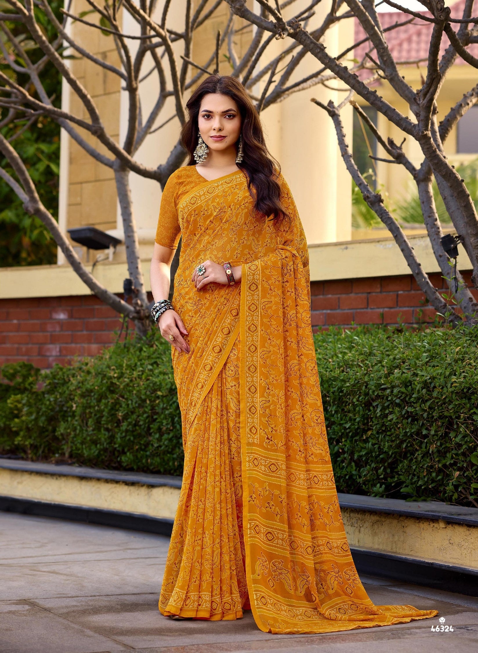 Subhash Homemaker-19 D.No.46324 Soft Georgette Traditional Printed Saree – Mustard Yellow – Single Piece by M.R. Saree Emporium